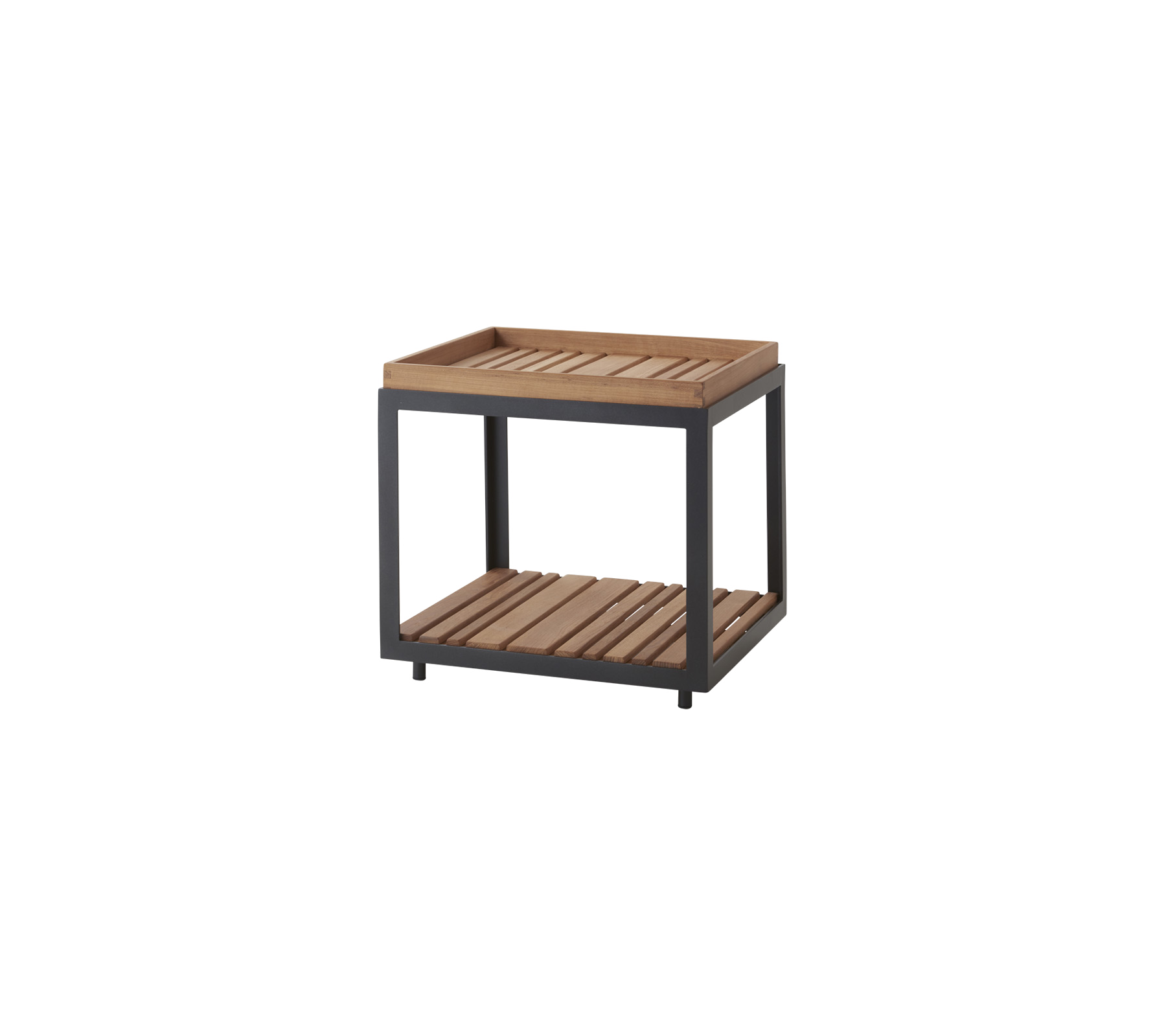 Wooden slat-top side table with a lower shelf, featuring a sturdy frame for versatile storage and display.