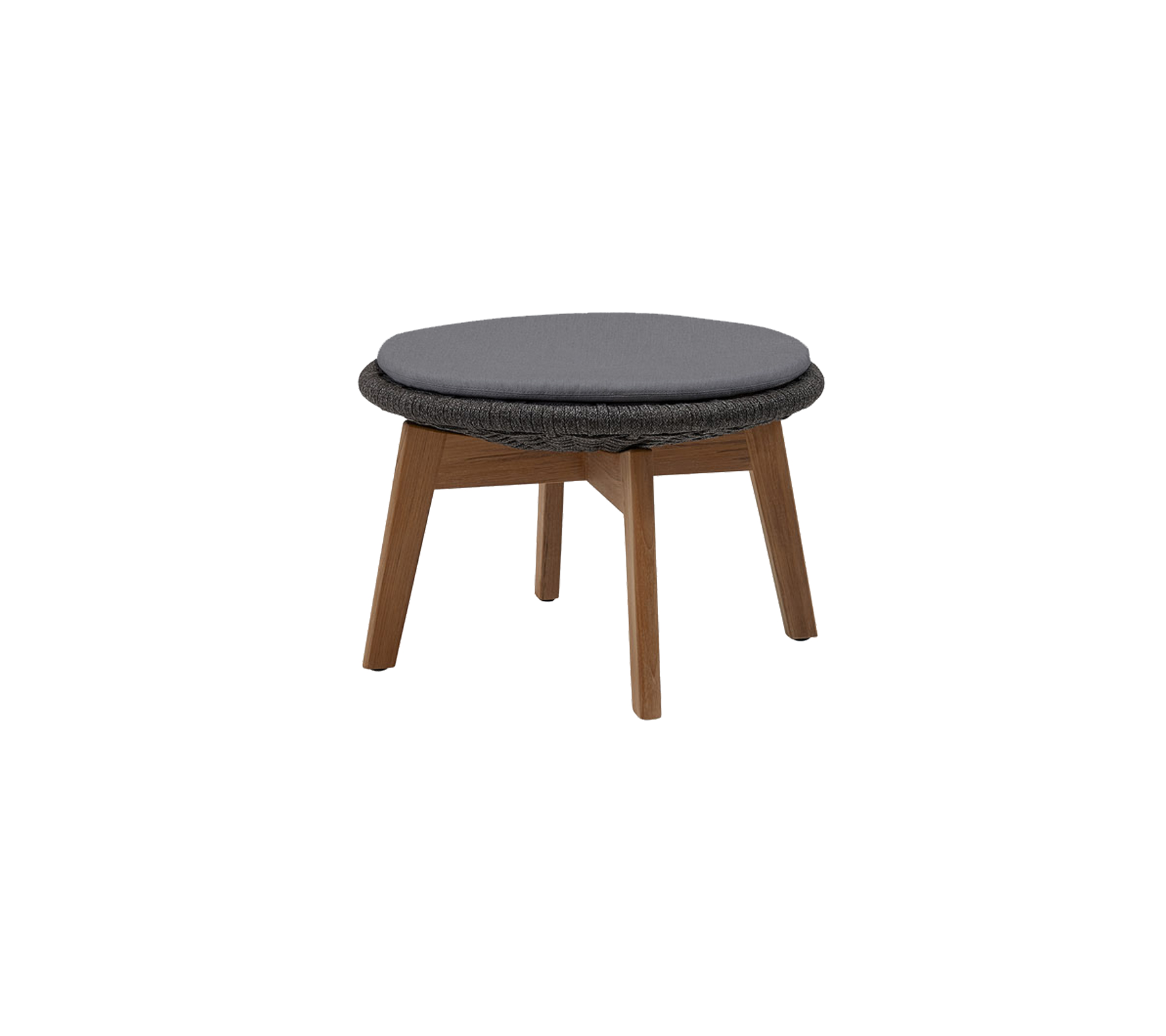 Round ottoman with a dark gray cushioned top and wooden legs, designed for versatile seating or as a footrest.