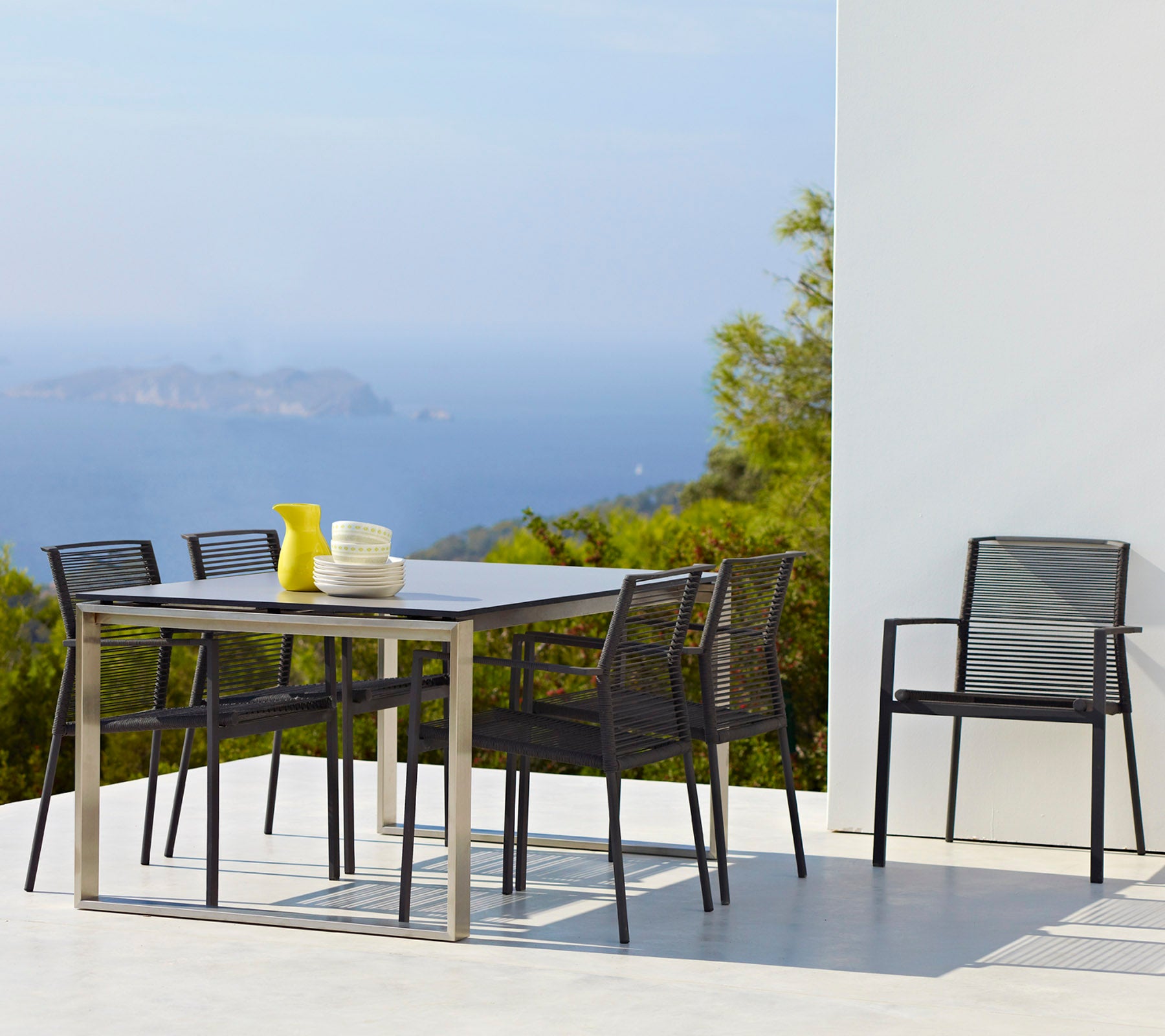A stylish dining set featuring a rectangular table, six chairs, and a vase with yellow flowers, set against a scenic backdrop.