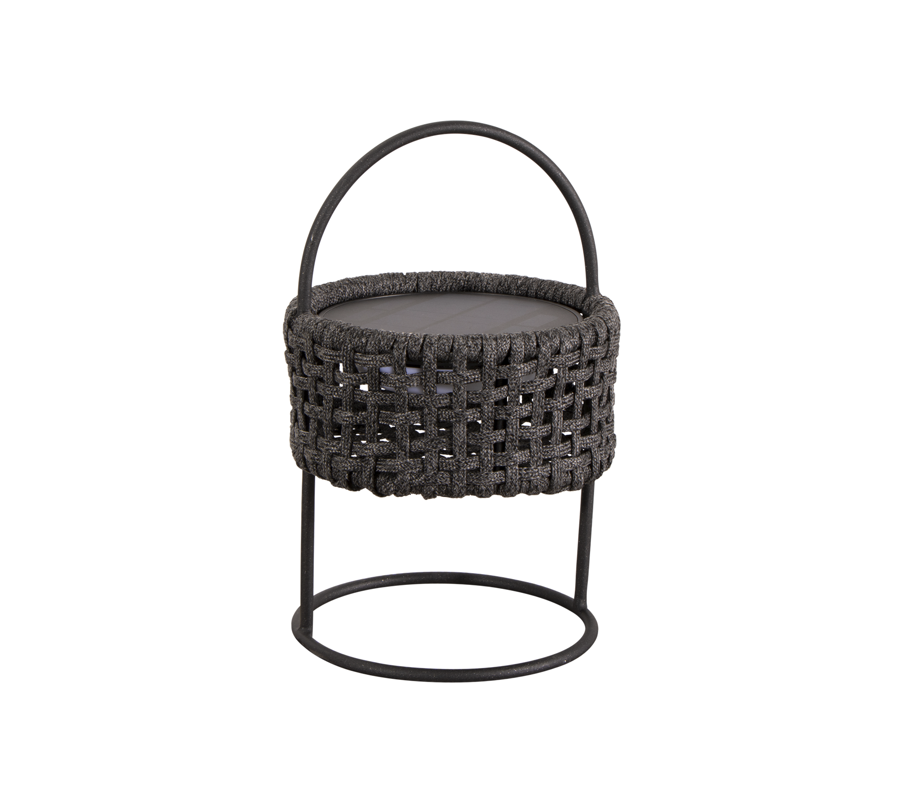Woven stool with a round seat and a handle, featuring a sturdy metal frame and a stylish, modern design.