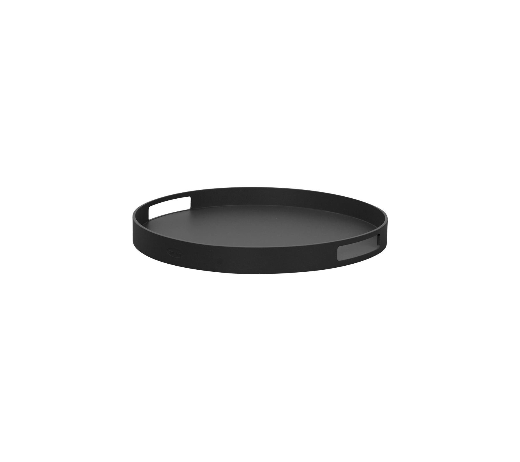 Black circular tray with a smooth surface and subtle handle for easy lifting, ideal for serving or organizing items.