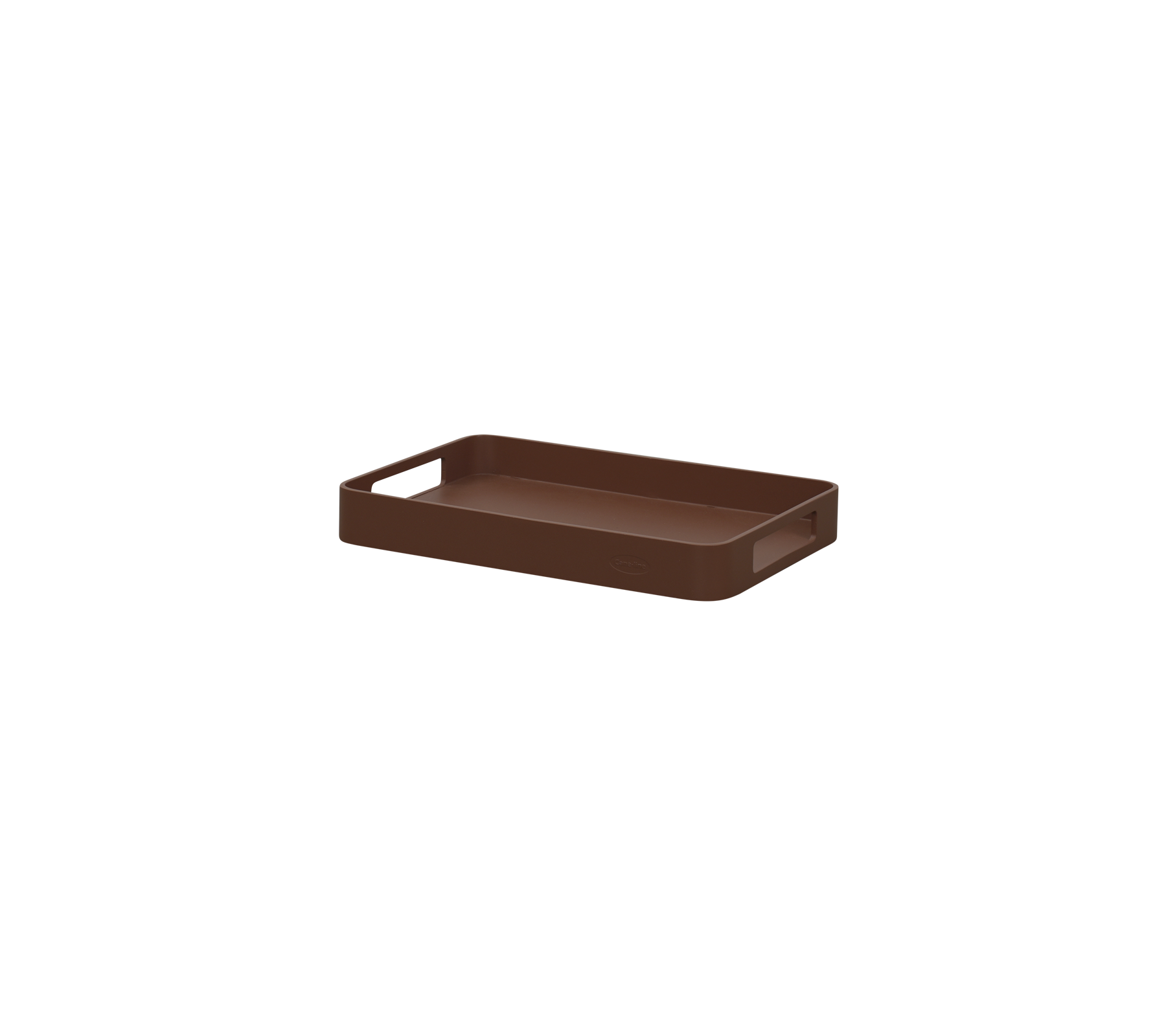 Rectangular brown tray with raised edges and handles for easy carrying, ideal for organizing or serving items.