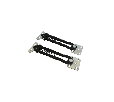 Pair of adjustable metal brackets with black rubber straps, designed for secure fastening and support in various applications.