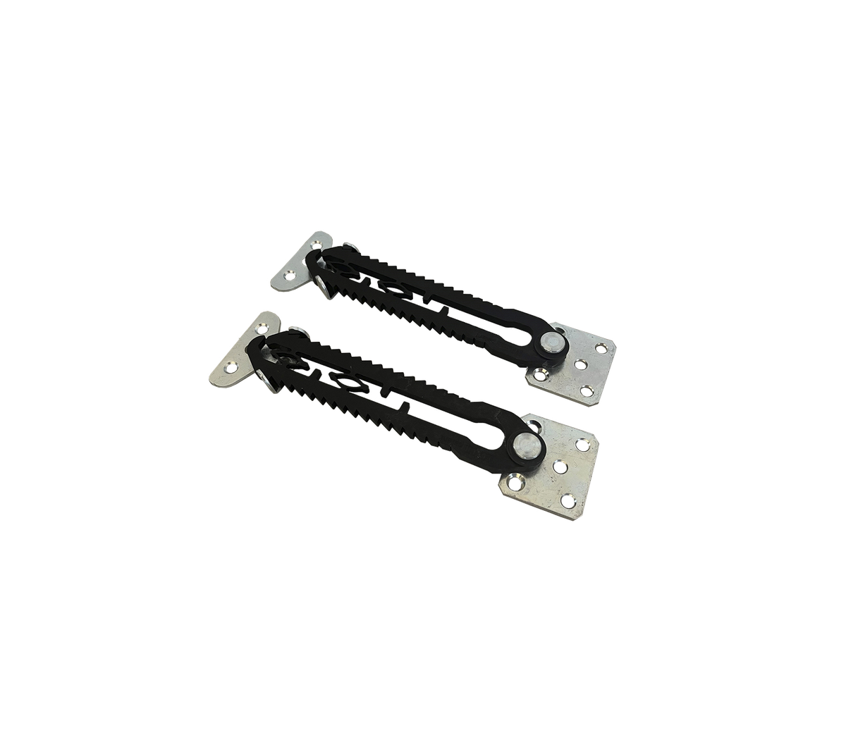 Pair of adjustable metal brackets with black rubber straps, designed for secure fastening and support in various applications.