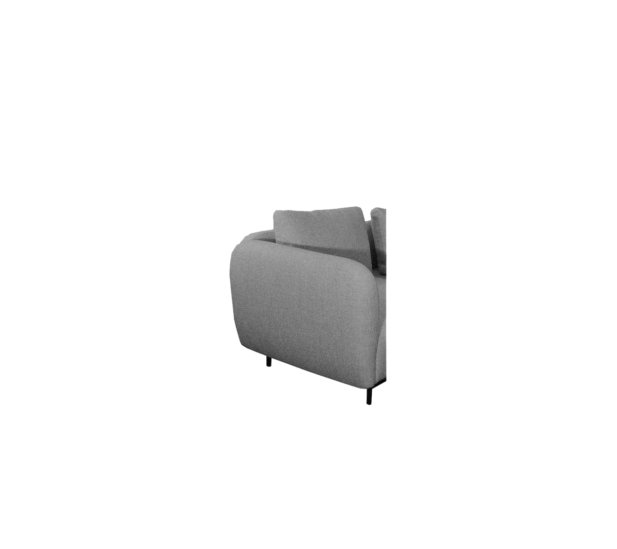 Gray upholstered sofa back with simple lines and sleek black legs, offering a contemporary style for any space.