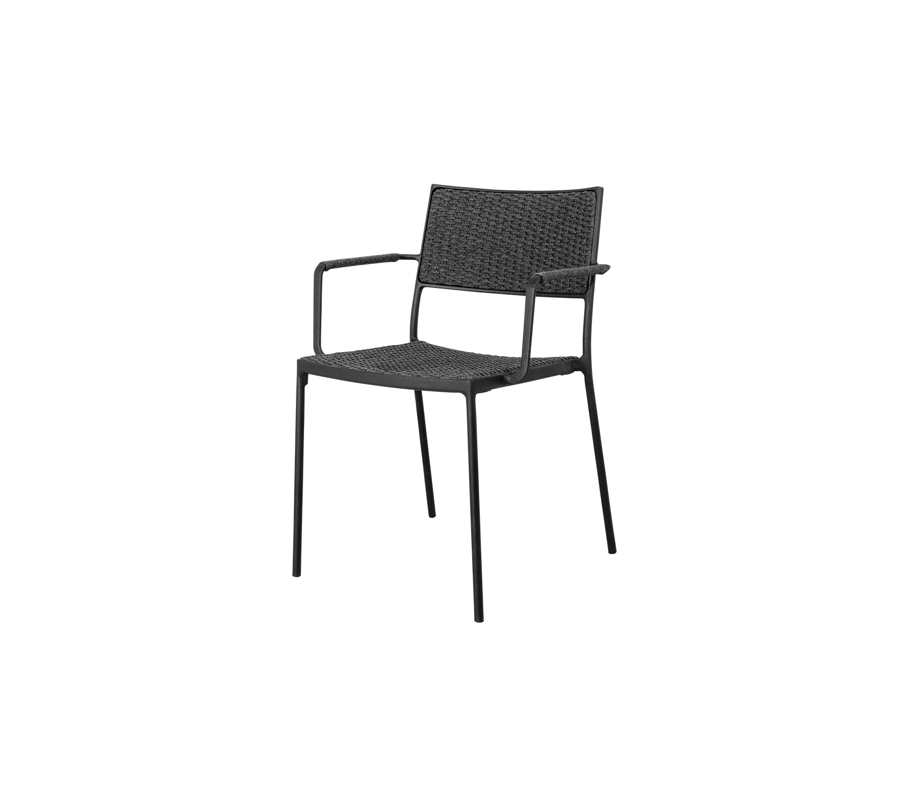 Black woven armchair with a minimalist design, featuring a sturdy frame and comfortable seating for casual or formal settings.