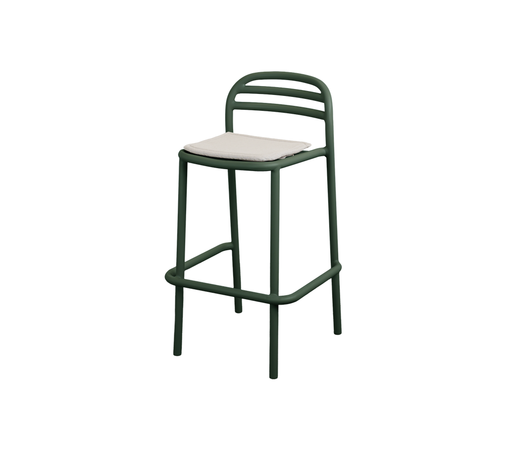 Dark green bar stool with a sand cushion.