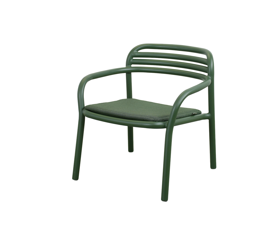 Modern dark green chair with light green cushion.