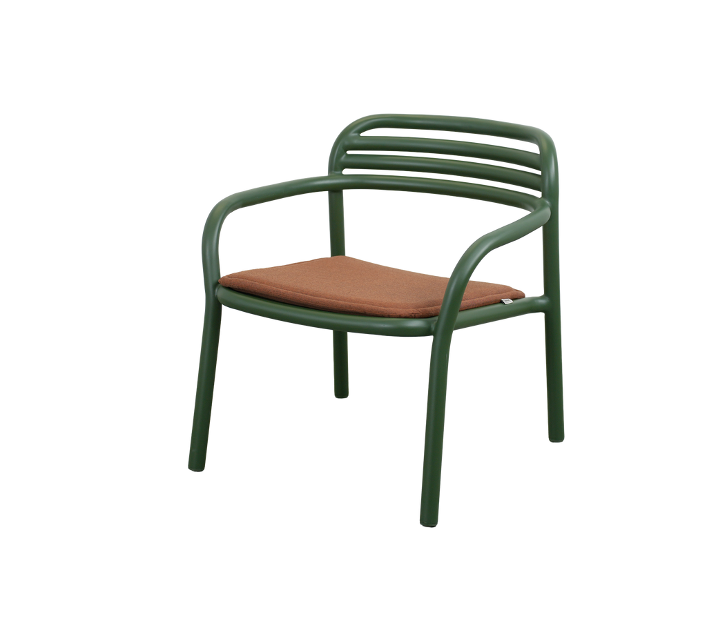 Modern chair with dark green frame and desert red cushion.