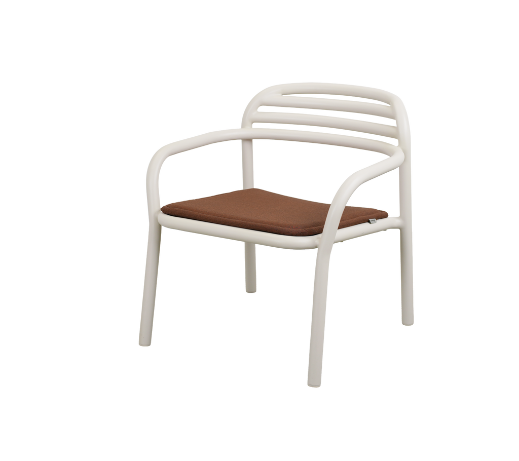 Modern chair with a brown cushion, featuring a minimalist design.