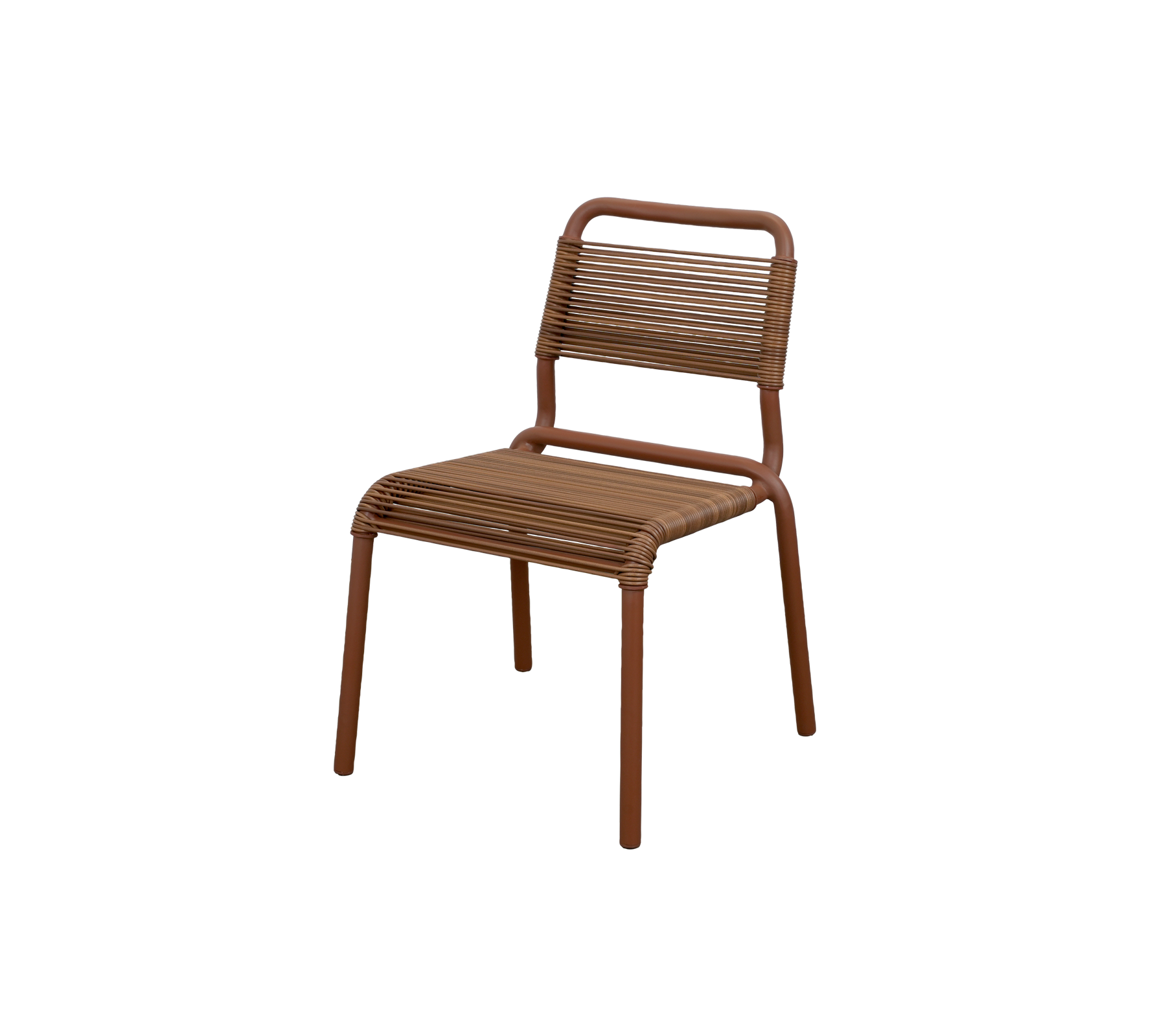Brown chair with a simple design and slatted backrest.