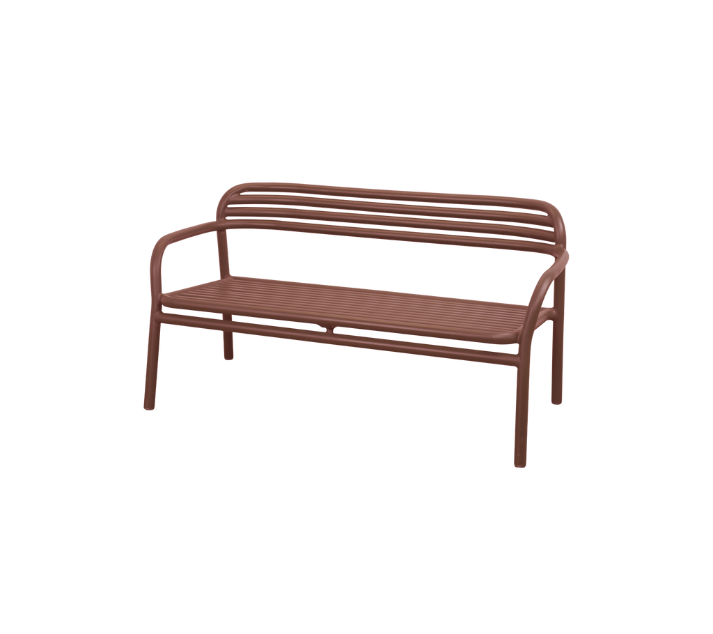Desert red bench with a slatted design.