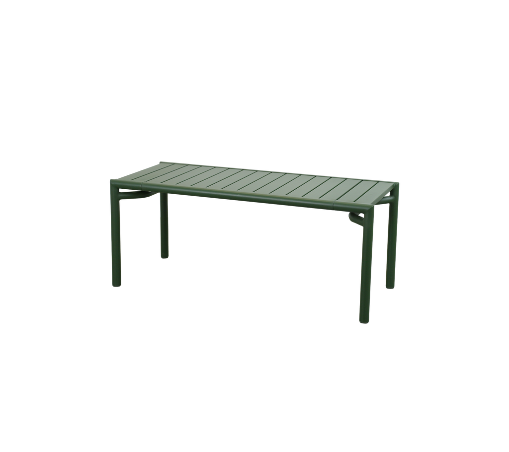 Dark green table with a slatted top and sturdy legs.