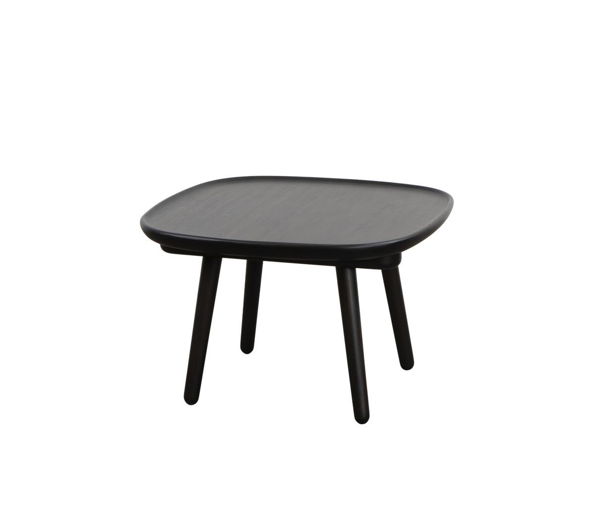 Square black table with a smooth surface and four slender legs, designed for versatility and simplicity in style.