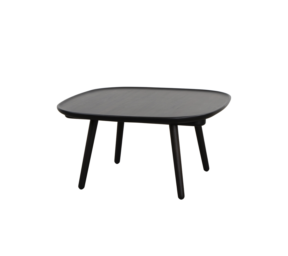 Square black table with a smooth surface and four slender legs, designed for versatile use in various settings.