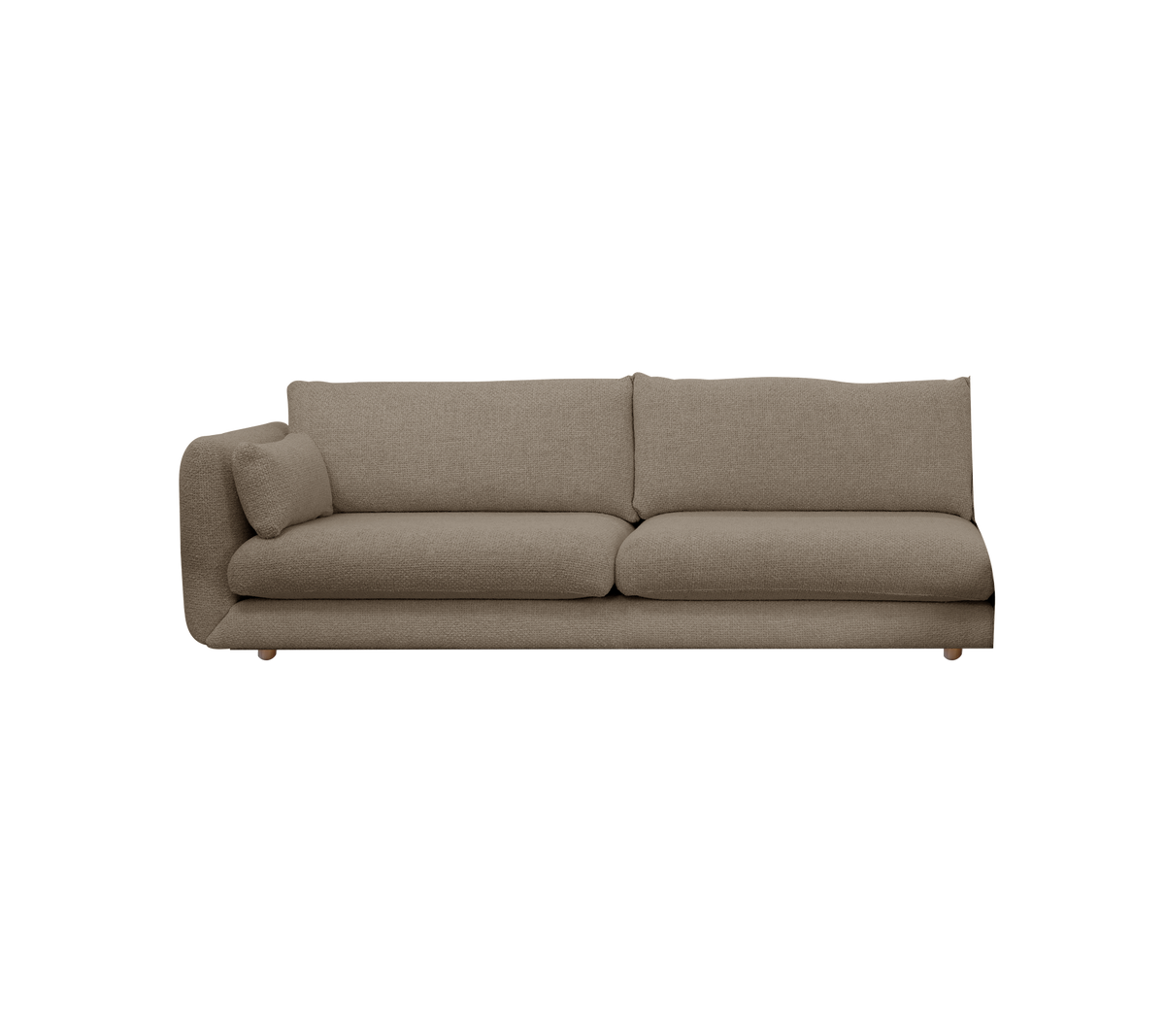 Light brown modern sofa with a low profile and plush cushions.