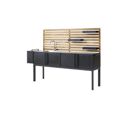 Modern cabinet with a sleek black finish, featuring four storage compartments and a wooden slatted back with shelf space. Perfect for stylish organization.