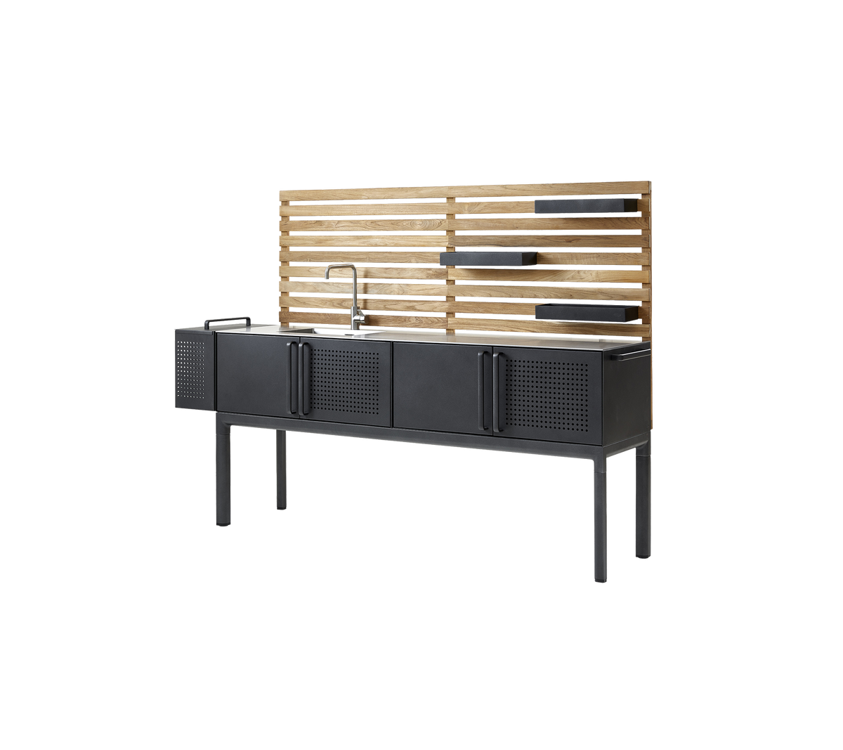 Modern cabinet with a sleek black finish, featuring four storage compartments and a wooden slatted back with shelf space. Perfect for stylish organization.