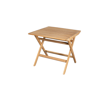 Compact wooden table with a slatted top and crossed legs, perfect for versatile use in various settings.