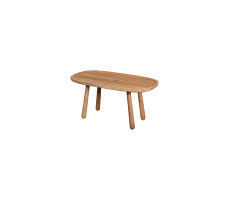 A wooden table with an oval top and four sturdy legs, designed for a modern or rustic aesthetic.