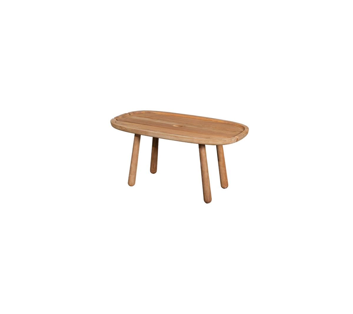 A wooden table with an oval top and four sturdy legs, designed for a modern or rustic aesthetic.