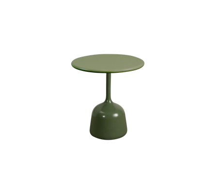 Small round table with a simple design and a solid green finish, featuring a smooth top supported by a rounded base.