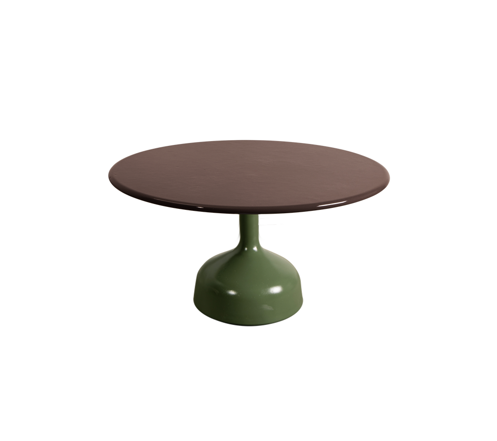 Round table with an olive green base and burgundy top.