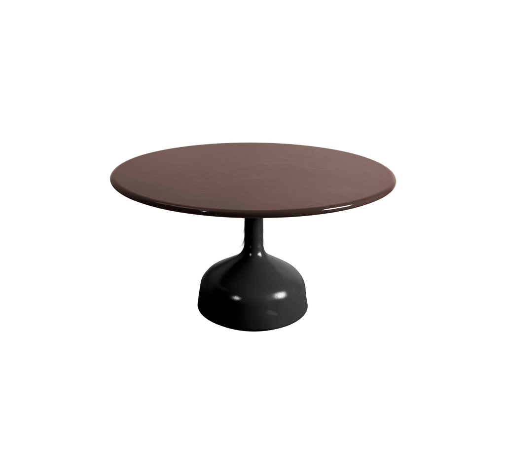 Round burgundy table with a black base.