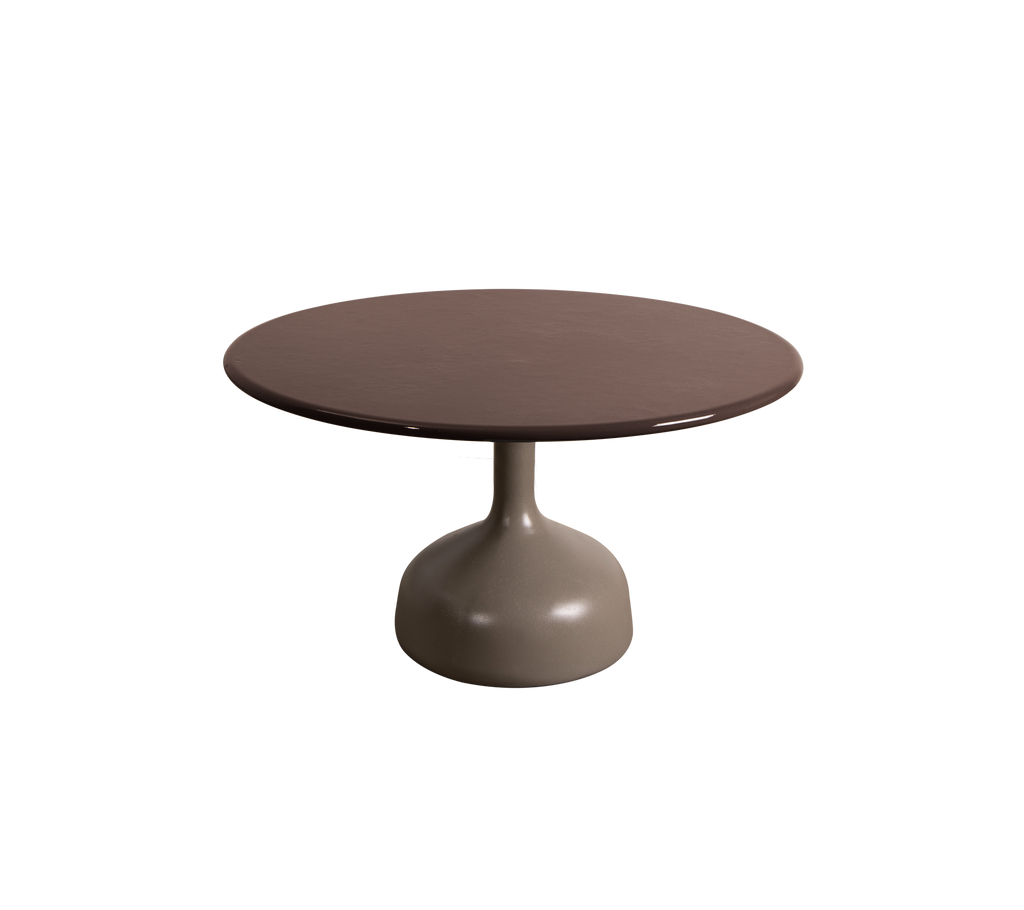 Round table with a taupe base and burgundy top.