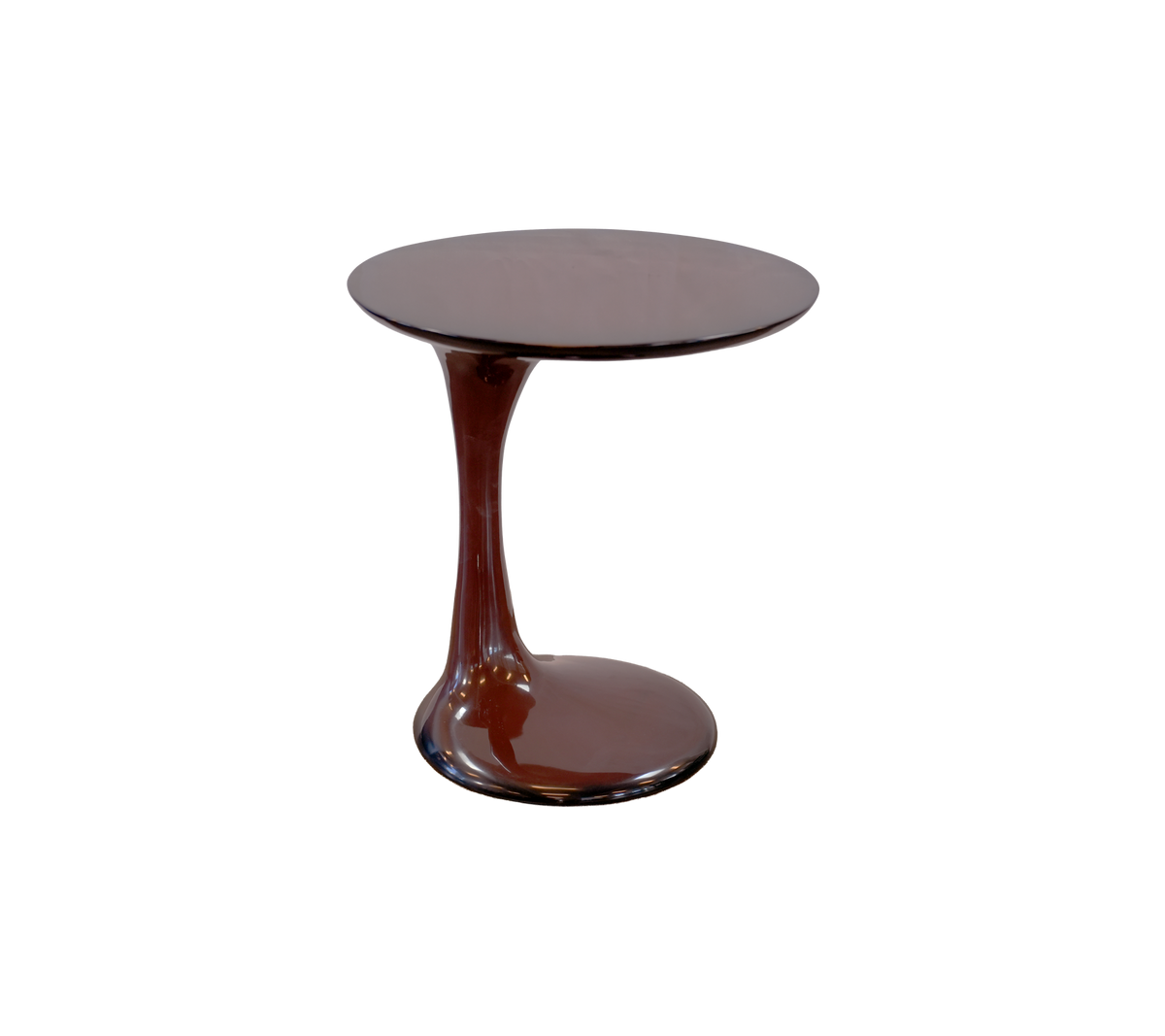 Modern burgundy table with a unique base design.