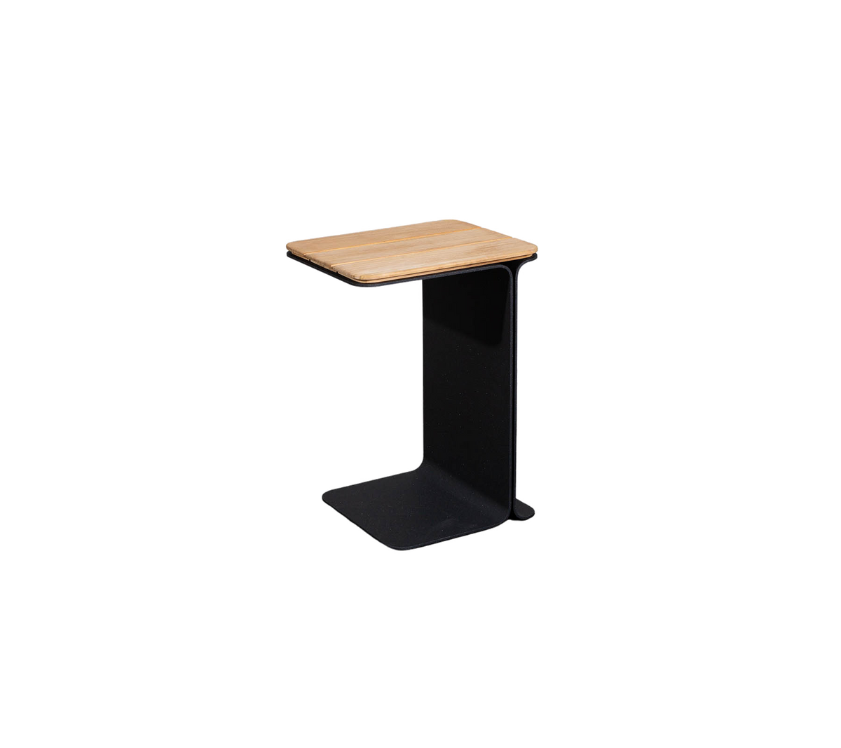 Minimalist side table featuring a wooden top and sleek black base, ideal for modern decor.