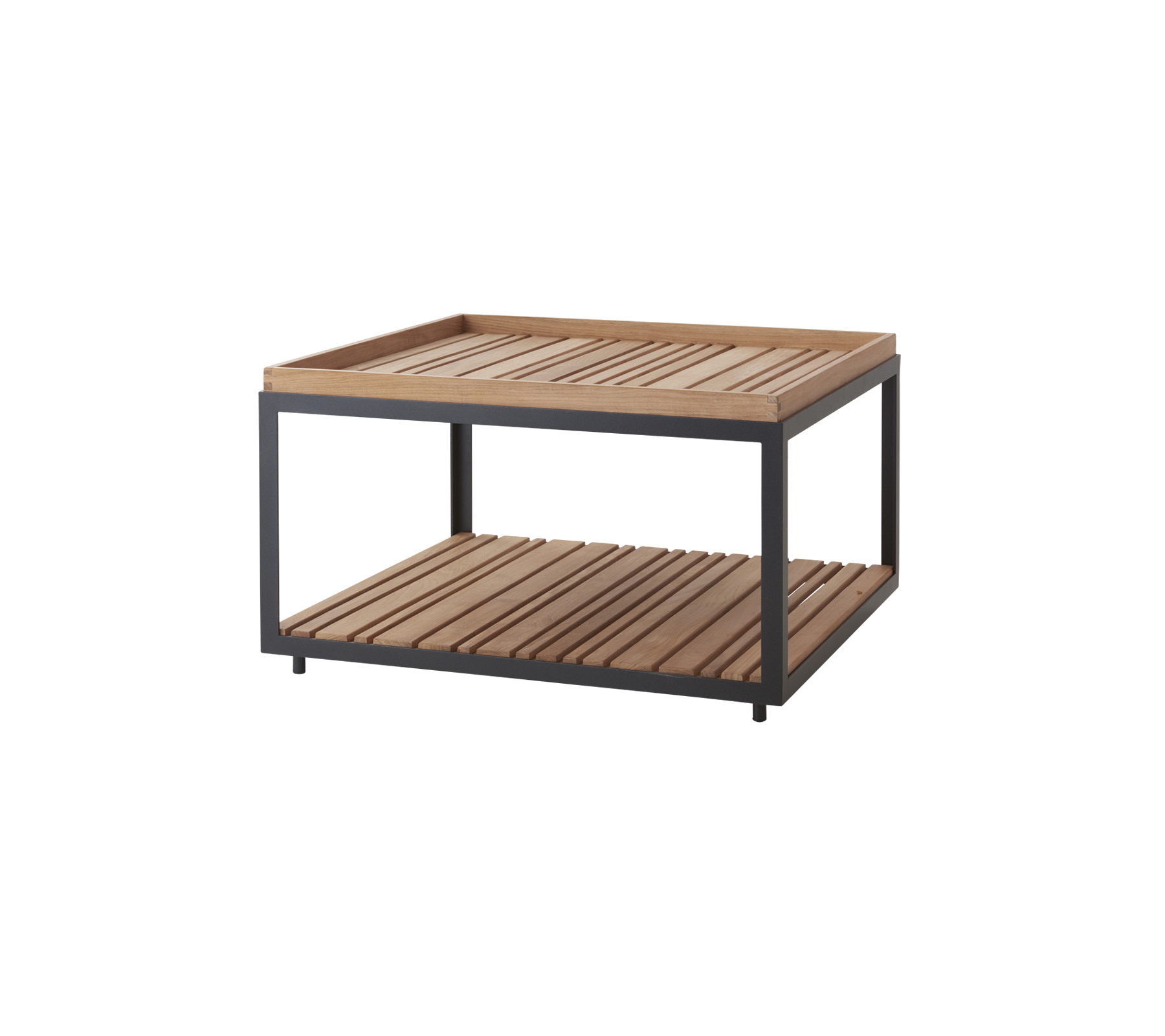 Stylish wooden slatted table with a modern metal frame, featuring an open shelf for additional storage or display.