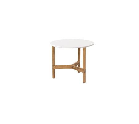 Round table with a white surface and wooden legs, featuring a sturdy crossbar for support. Ideal for various settings.