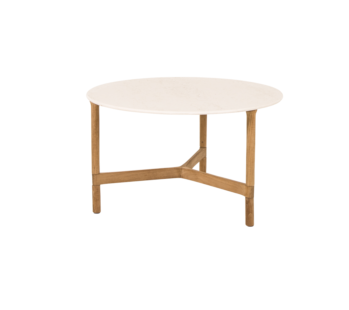 Round coffee table with a smooth white top and light wooden legs, featuring a modern and minimalist design.