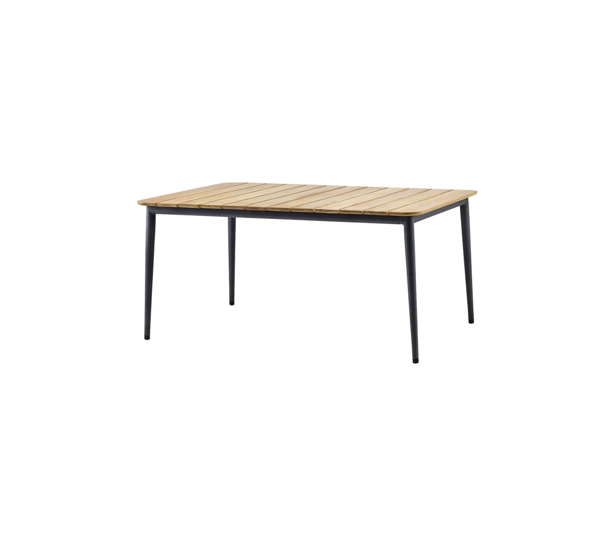Rectangular table with a slatted wooden top and sleek black legs, suitable for various settings.