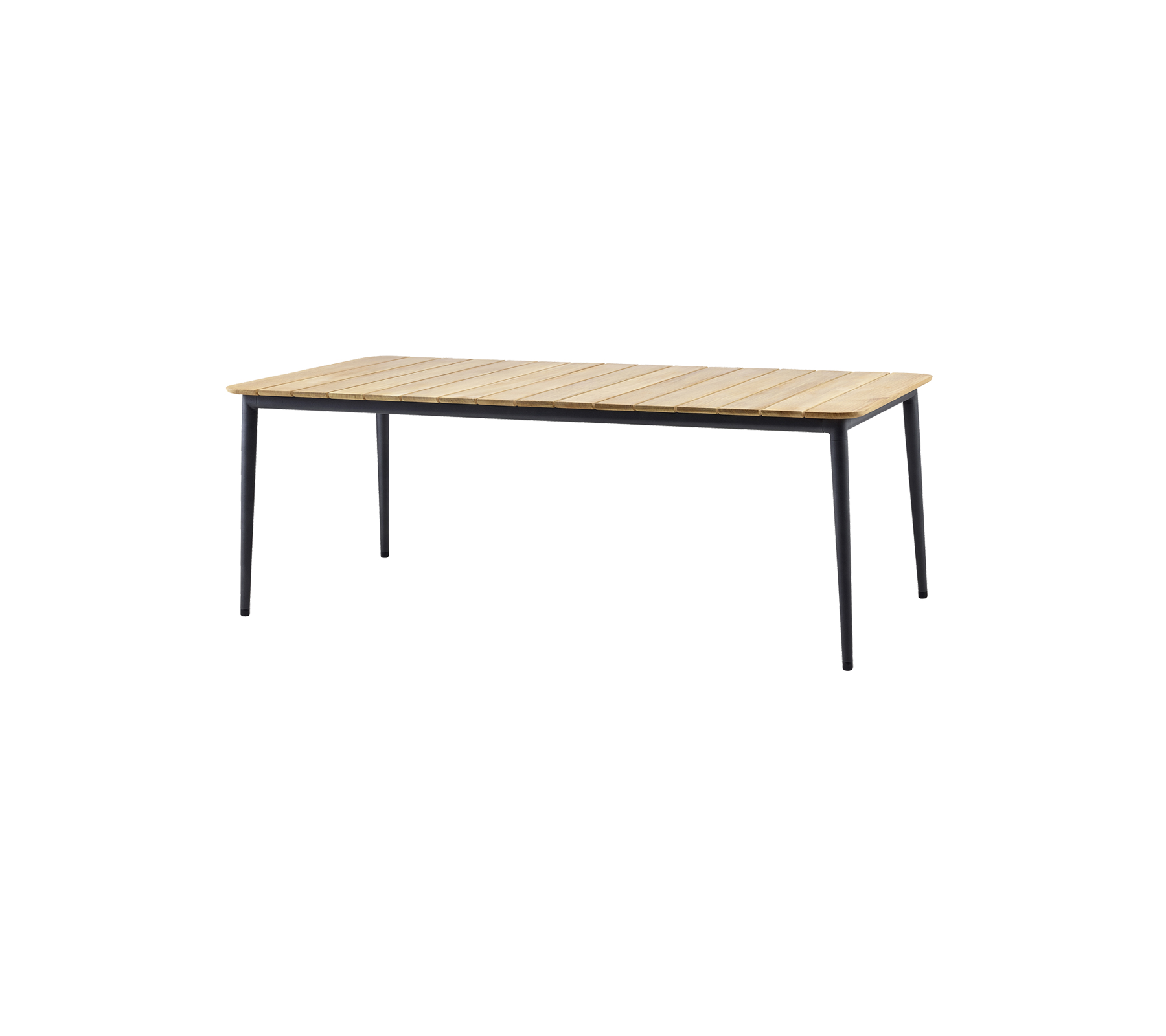 Stylish table featuring a wooden slat top and sleek black legs, perfect for various settings and uses.