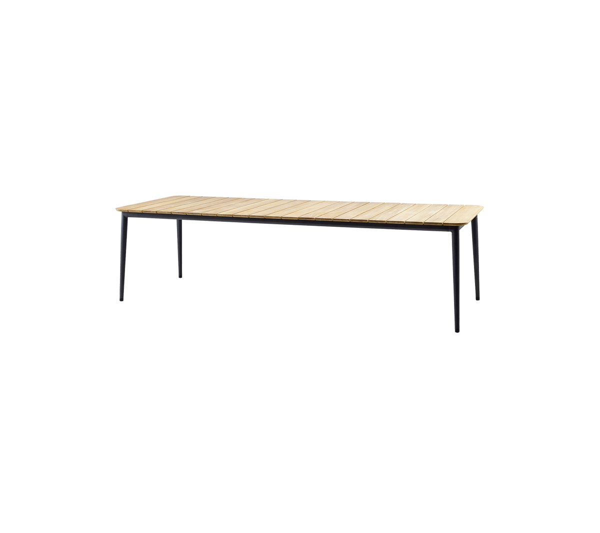 Wooden dining table with a light-colored surface and sleek black legs, perfect for modern spaces.