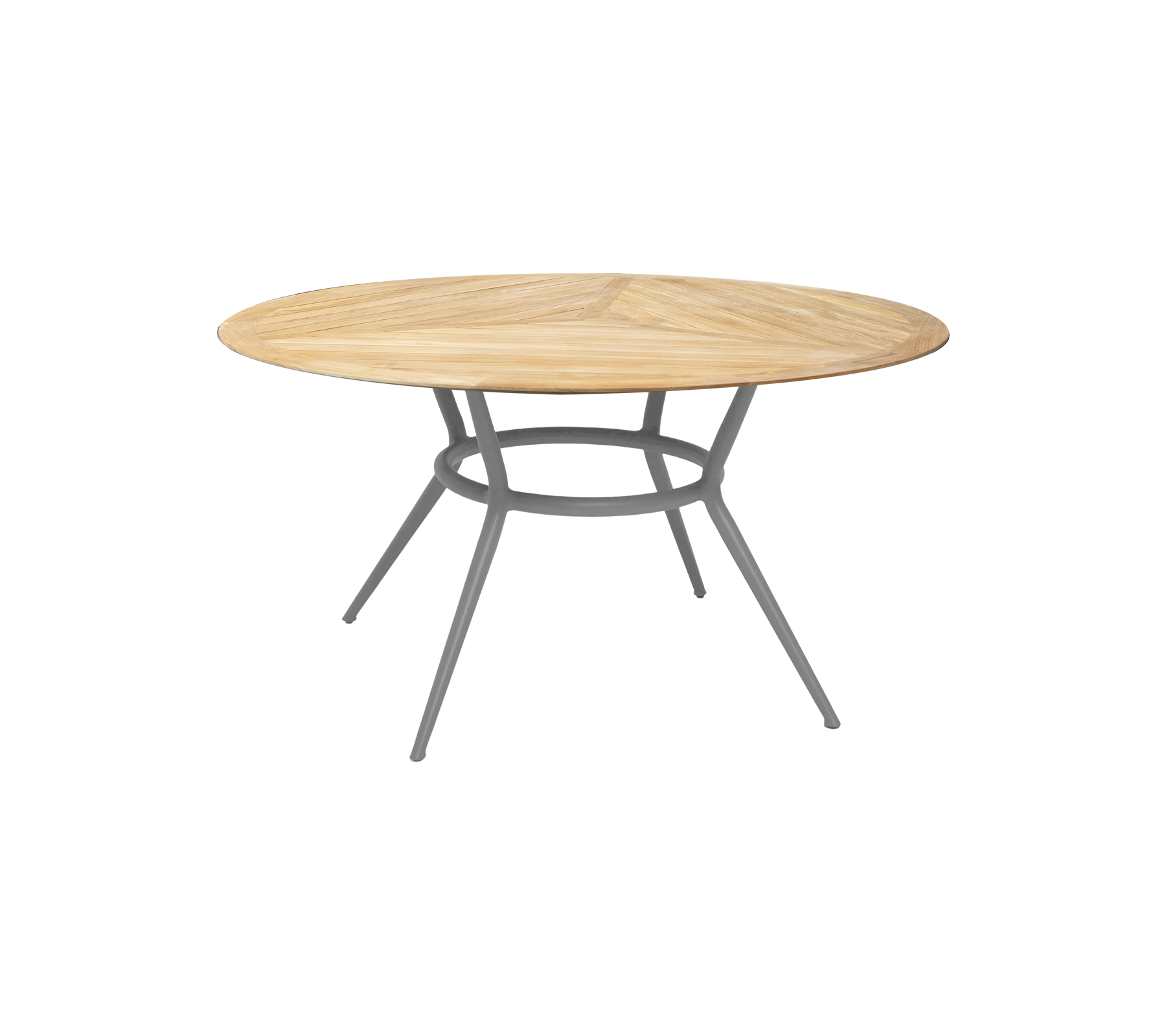 Round wooden table with a natural finish and a sleek, modern metal base featuring three angled legs. Ideal for various settings.