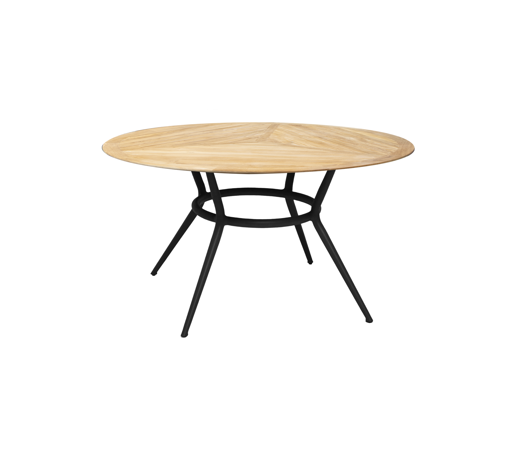 Round wooden table with a light wood finish and a black metal base, featuring a sleek and modern design.