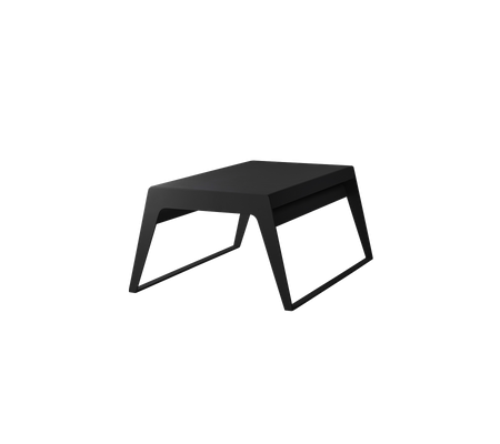 A minimalist black table with a sleek design, featuring angled legs and a rectangular top, suitable for various uses.