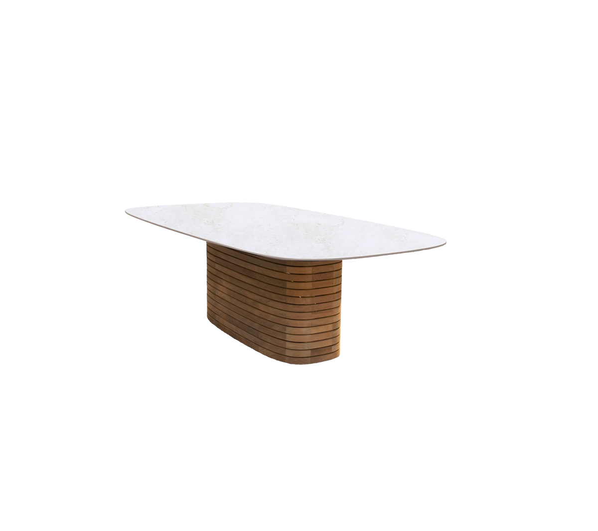 Modern dining table featuring a teak base and a travertine look top.