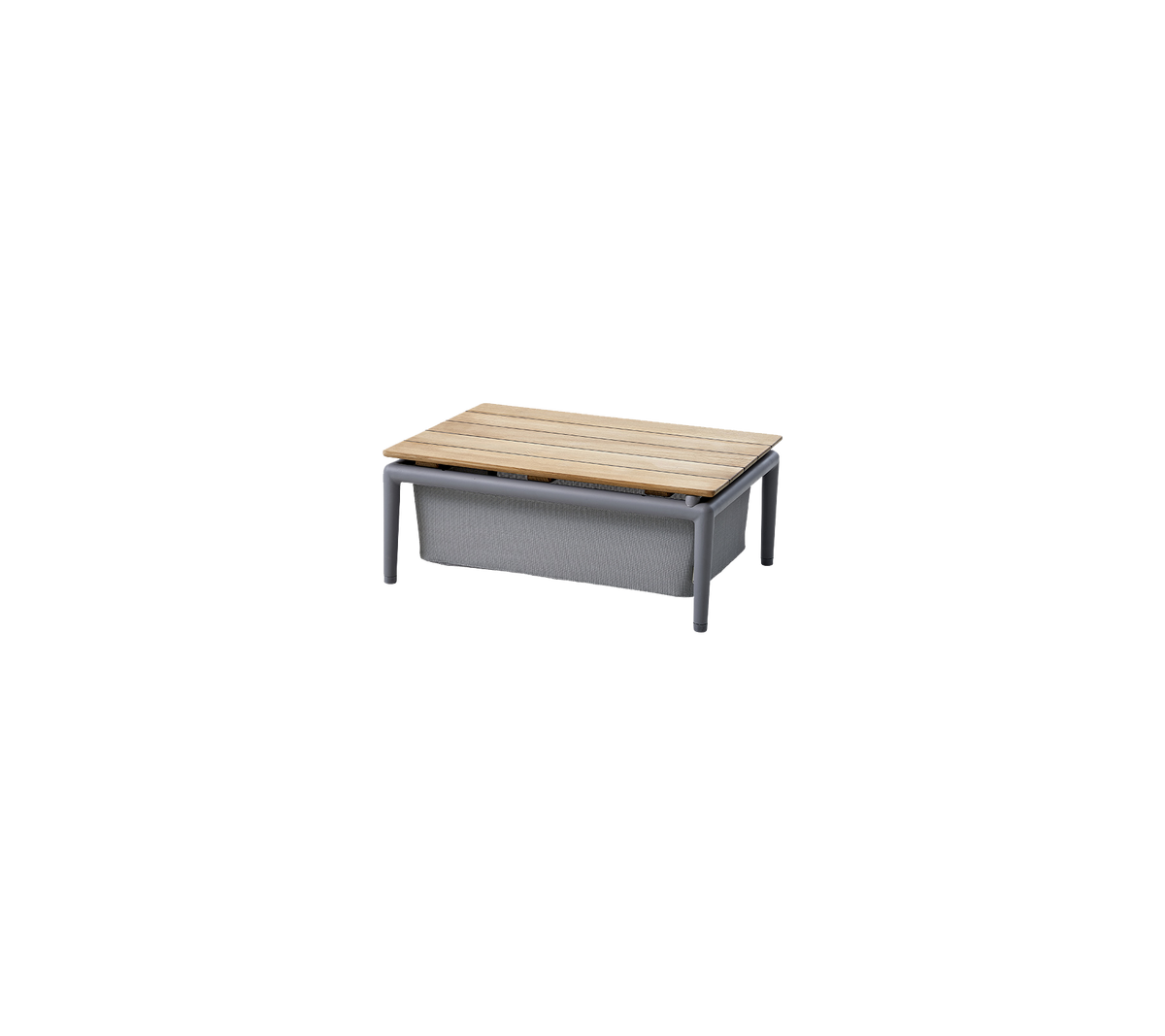 Rectangular table with a wooden top and a sturdy, gray frame, designed for versatile use in various settings.