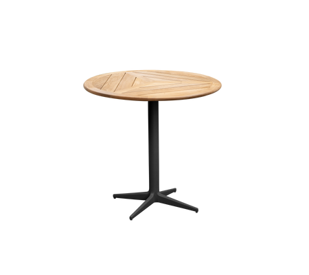 Round wooden table with a slatted top and a sturdy black base, perfect for casual gatherings or aesthetic decor.