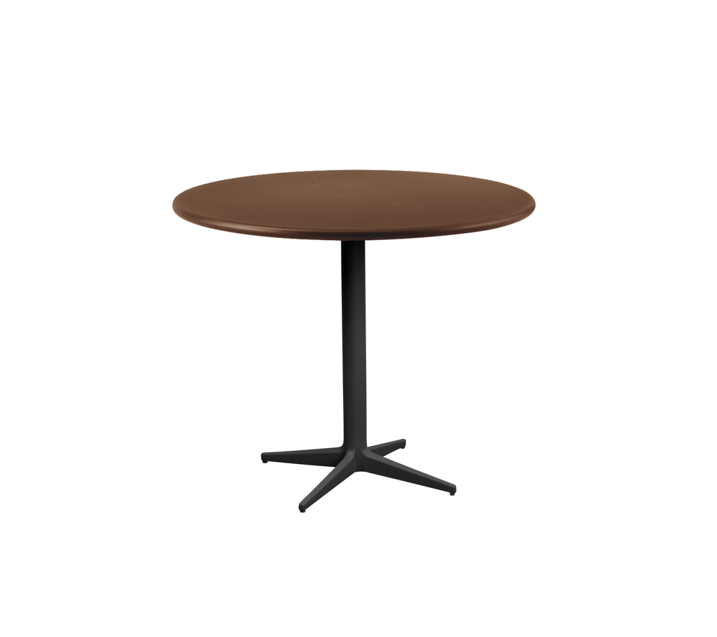 Modern brown round table with a black base.