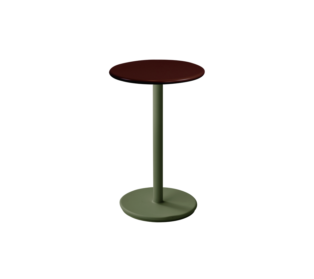 A table with a burgundy top and dark green base.