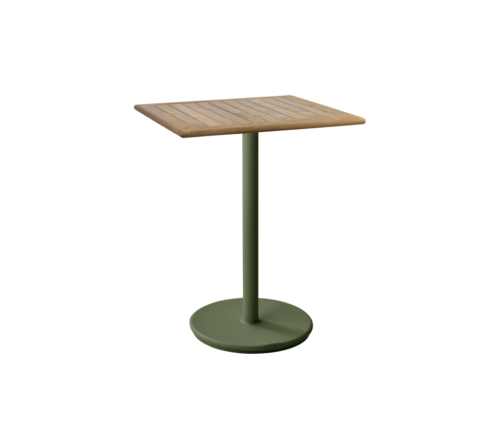 Square table with a dark green base and teak surface.