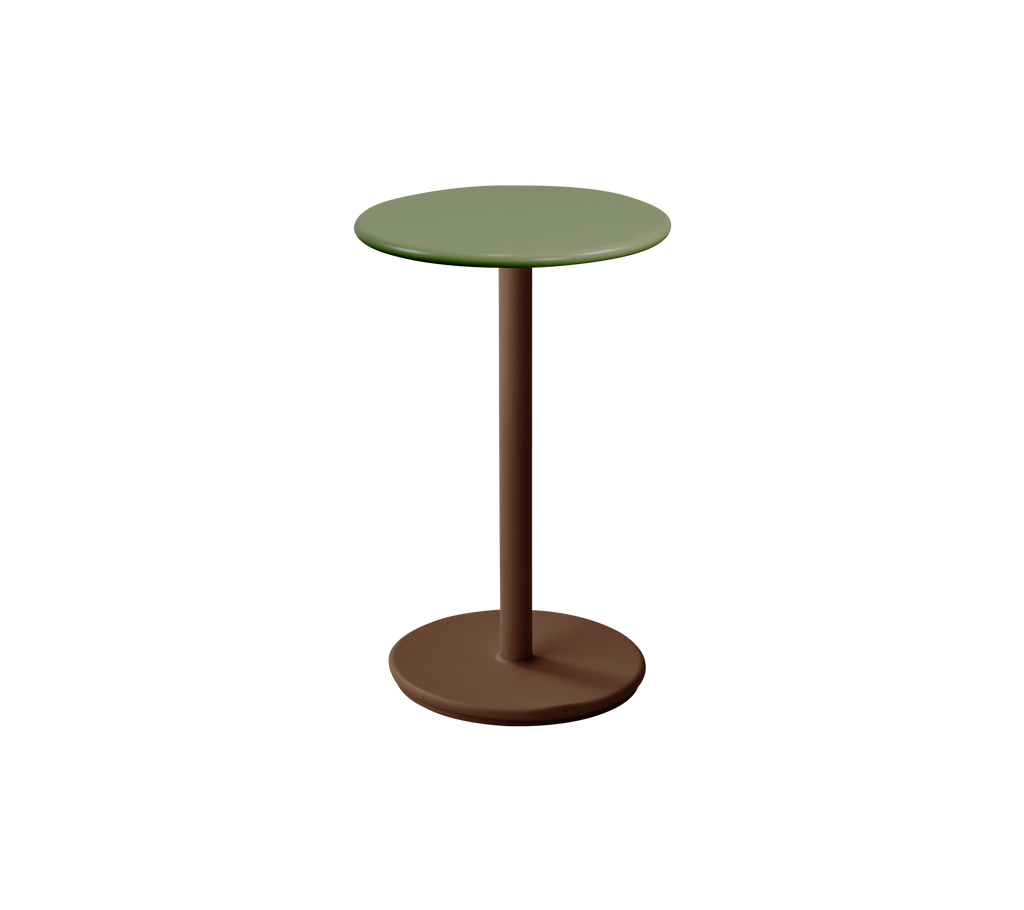 Olive green table with a desert red base in a modern lounge setting.