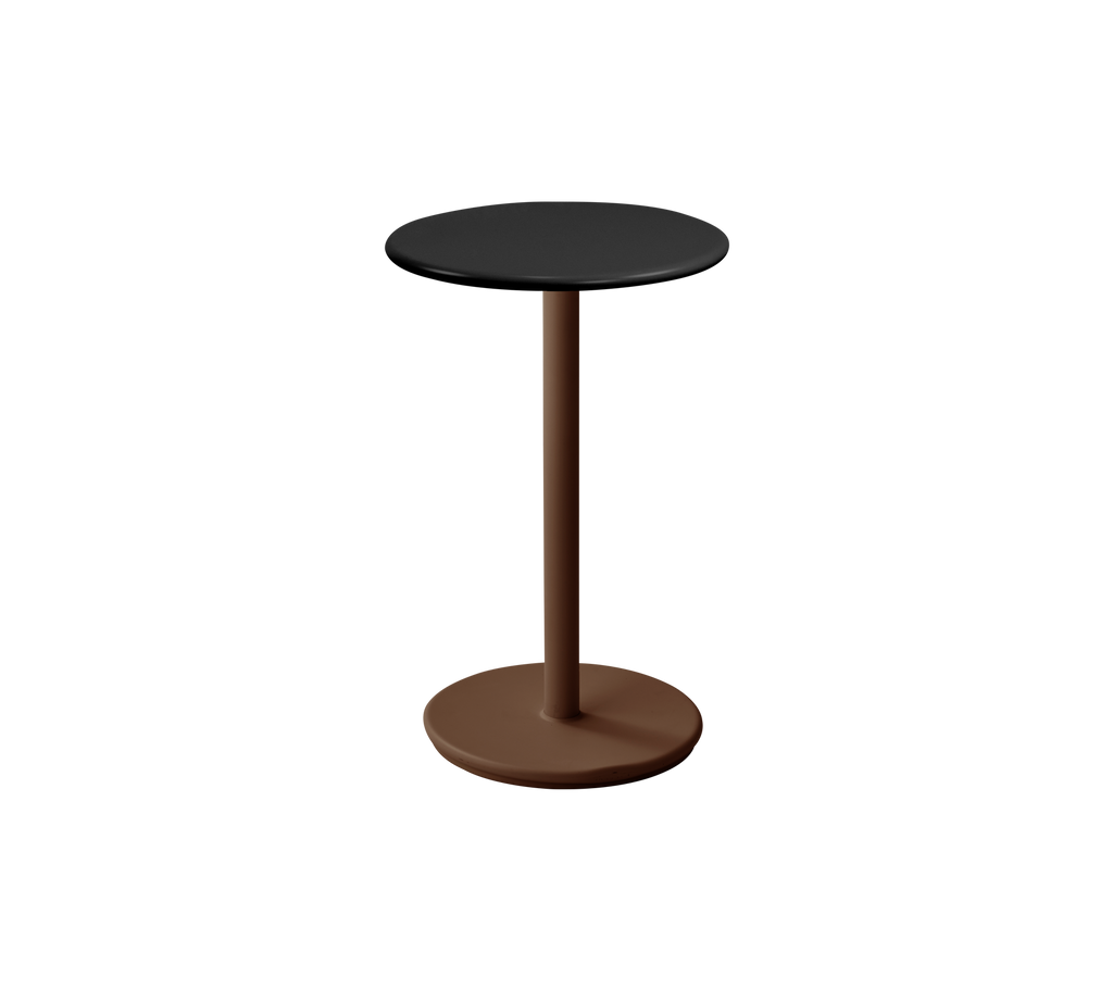 Modern black table with a brown base.