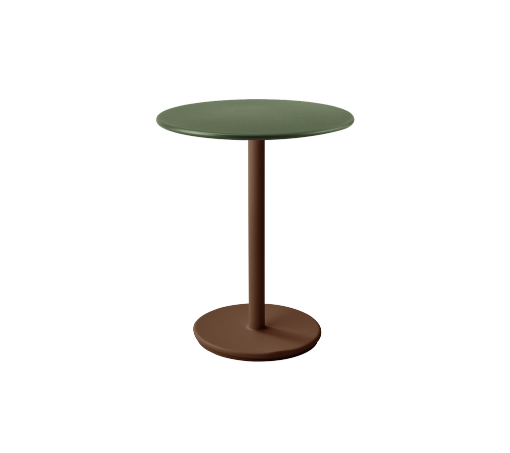 Round table with a desert red base and dark green top.