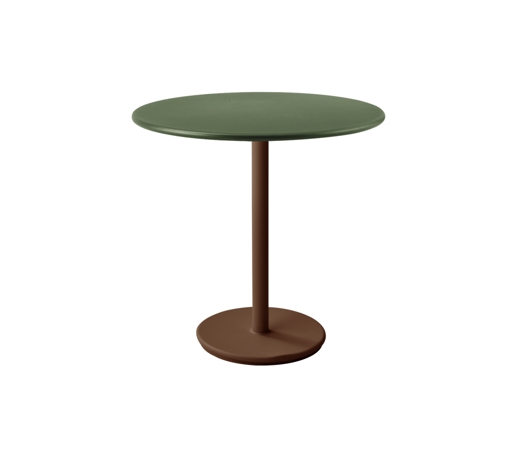 Modern round table with a green top and brown base.
